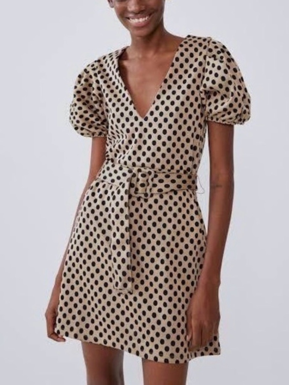 Zara whimsy Beige and Black Polka Dot Puff-Sleeve Mini Dress large